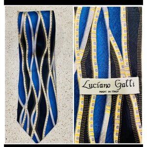 Luciano gatti 100% Silk Necktie Art Deco Print handmade Italy blue yellow